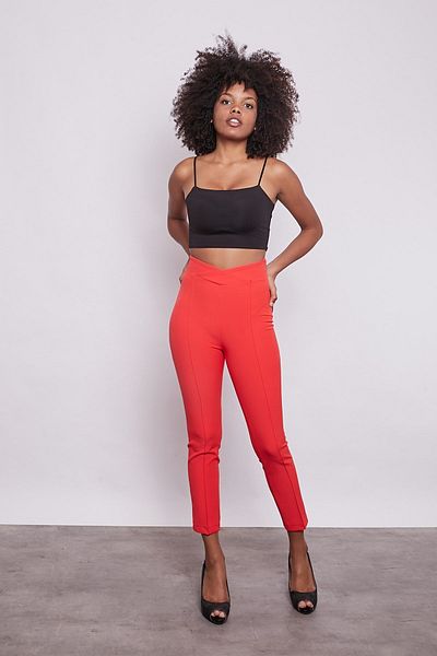 Jument High Waist Front Stitched Belt Double Breasted Skinny Leg Cotton Lycra Trousers-coral