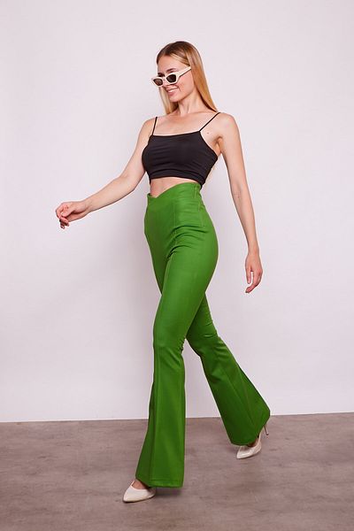 Jument High Waist and Flare Leg LYcra belted Cotton Trousers - Green