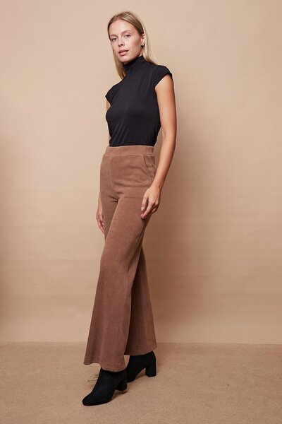 Jument Kadın Likralı Yumuşak Dokulu Kadife Kumaş Yüksek Bel Yan Cepli Bol Paça Palazzo Pantolon-Camel