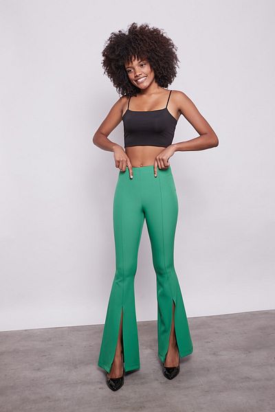 Jument High Waist and Stitching Detailed Women's Trousers - Flare Leg, Slit, Lycra-b.green