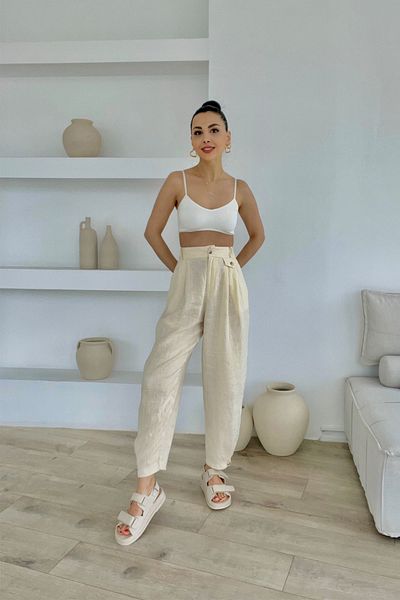 Seda Yalçın Atelier Beige Buttoned Linen Shalwar Trousers