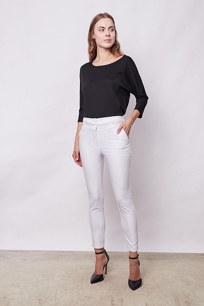 Jument High Waist White Cotton Lycra Fabric - Thick Belt and Pocket Trousers