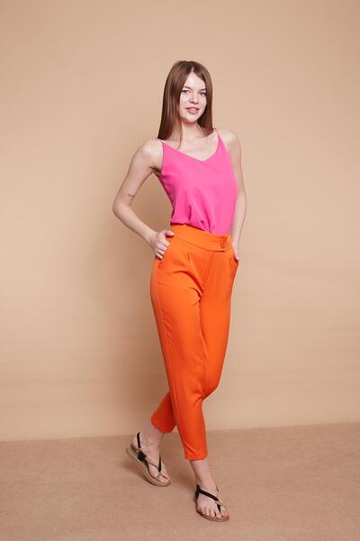 Jument High Waist Thick Belted Side Pockets Pleated Carrot Leg Lightweight Stretch Fabric Fabric Trousers -Orange