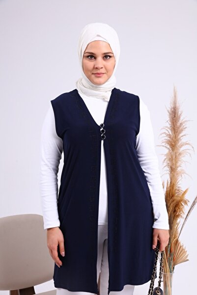 Ferace Navy Blue Women's Long Mother Vest Large Size Mother Vest High Quality - Seasonal - Winter