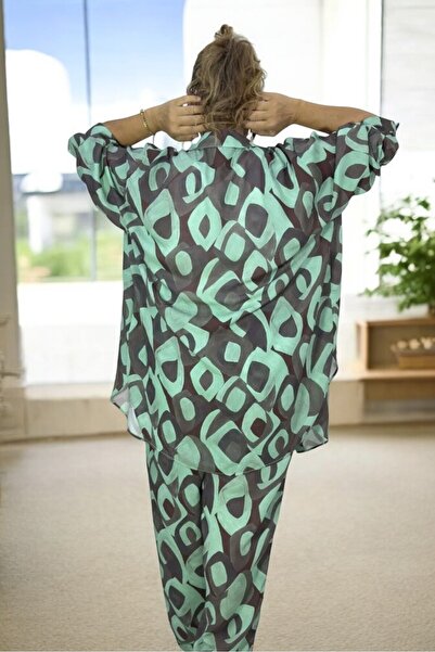yagmurberen Plus Size Patterned Cotton-Viscose Set - Buttoned Jacket and Elastic Waist Pants