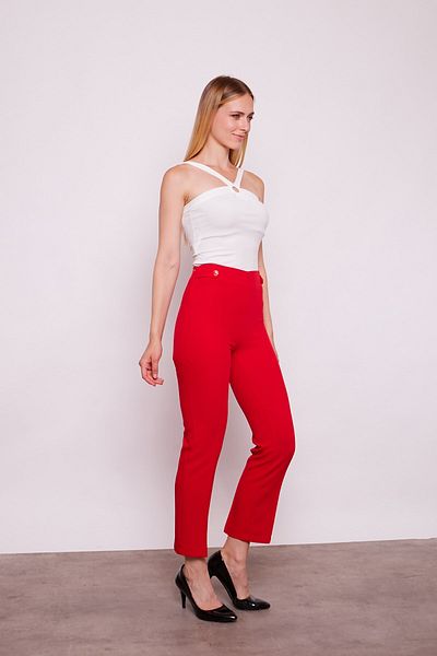 Jument Women's High Waist Stitched Front Epaulette Waist Buttoned Pipe Leg Fabric Trousers - red