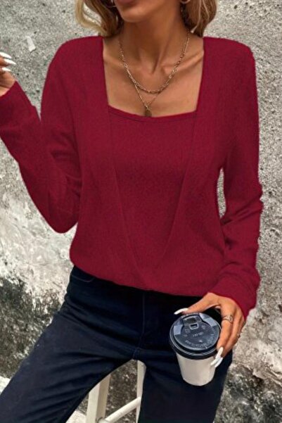 Mossta Μπλούζα μπορντό Yumoş - διπλό πέτο μανίκια και φούστα με γιακά και μανσέτες