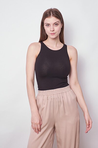 Jument Black Halter Neck Lycra Sleeveless Thick Strap Women's Bodysuit - Cotton