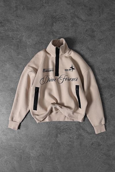 Slatra Men's Beige Drive Forever Half Zipper Oversize Sweatshirt