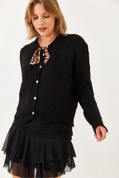 Bianco Lucci Women's Hair Braided Scarf Detailed Buttoned Cardigan Th 241026 60251873