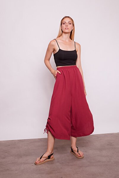 Jument Inner Show-Through Viscose Poplin High Waist Wide Leg Drawstring Trousers - Cherry