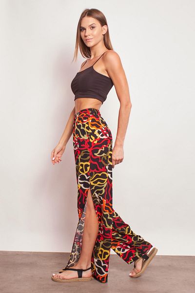Jument Patterned Viscose Voile High Waist Pocket Elastic Waist Slit Trousers - Black Pattern