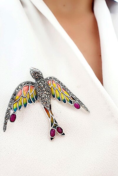 OSESHOP Yakut Taşlı Kırlangıç Figürlü Özel Mineli Vitray İşçiliği 925ayar Güm...