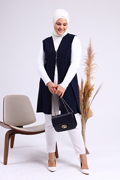 Ferace Women's Hijab Lycra Buttoned Long Mother Vest Navy Blue