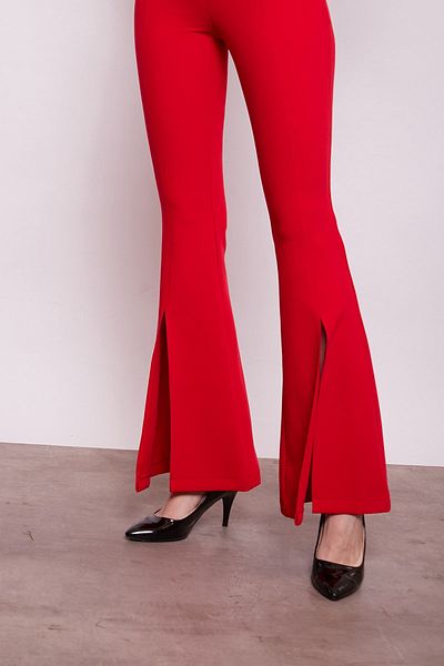 Jument Pantaloni roșii de damă cu talie înaltă - cusături și picior evazat din lycra