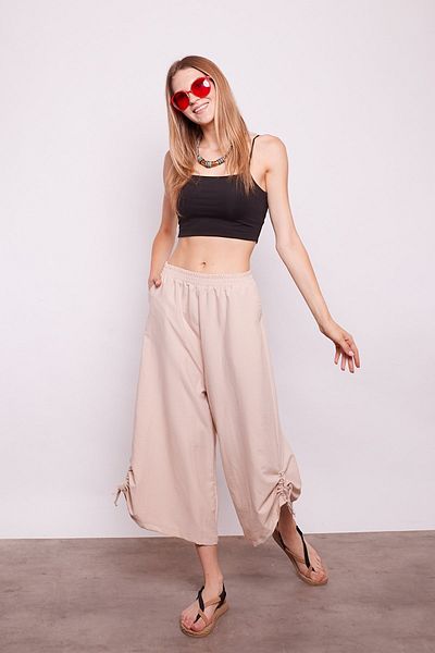 Jument High Waist and Wide Leg Drawstring Viscose Poplin Pants - Beige