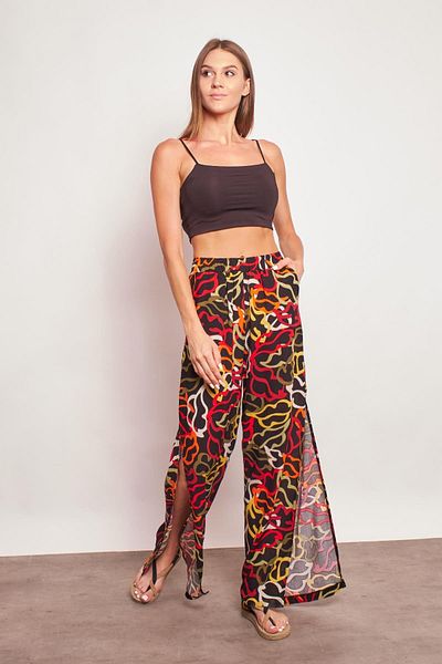 Jument Patterned Viscose Voile High Waist Pocket Elastic Waist Slit Trousers - Black Pattern