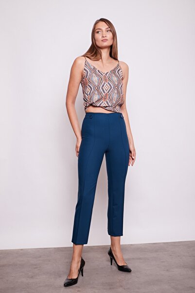 Jument Women's High Waist Buttoned Pipe Leg Fabric Trousers with Stitched Waistband on the Front - Petrol