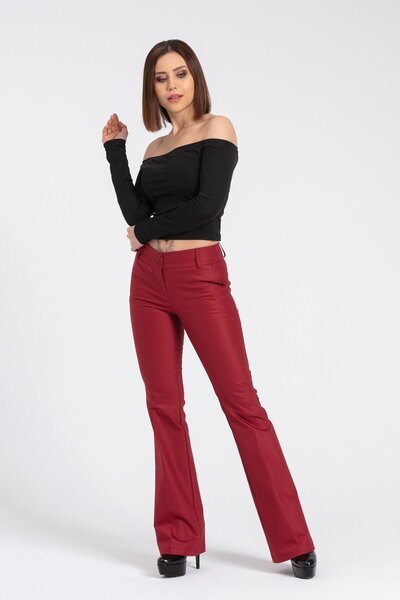 Jument Thick Belted Pocketed Spanish Wide Leg L Stretch Fabric Fabric Trousers-Burgundy