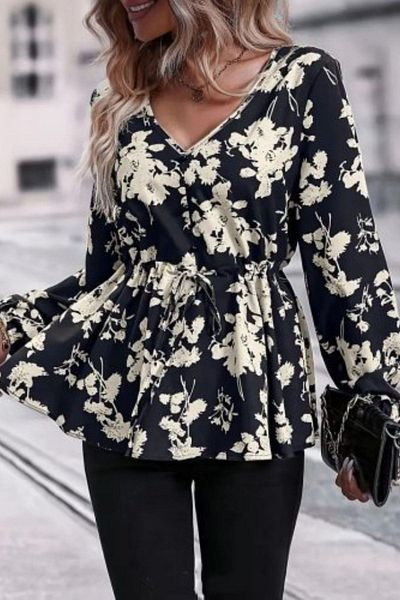 Mossta Beige Colored V-Neck Floral Patterned Sandy Blouse - Waist Lace up