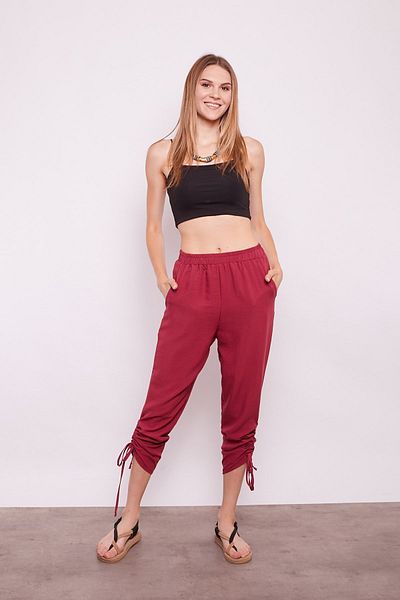 Jument Comfortable Viscose Poplin Pants - No Sheer Inside, Rubber Waist, Pocket and Drawstring Leg - Cherry