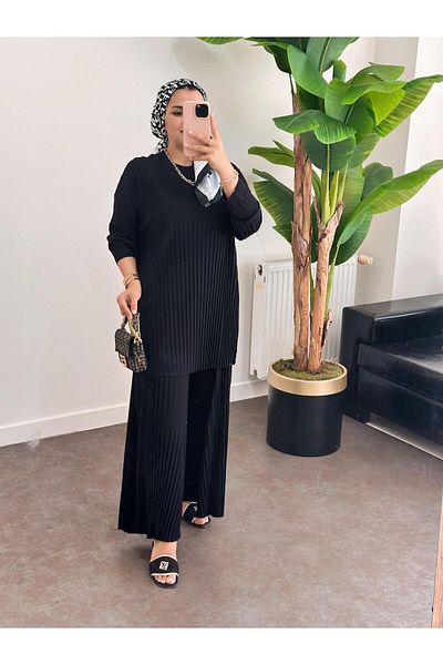 ASEL FASHİON Black Sandy Pleated Double Set