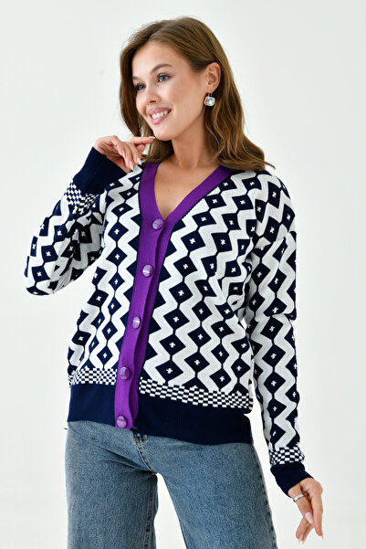 lovebox Women's Patterned Button Detailed Purple Striped V-Neck Knitwear Cardigan 0179