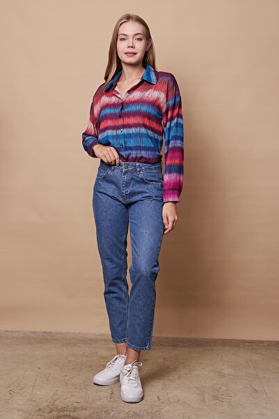 Jument Γυναικείο γιακά με στάμπα με μακριά μανίκια Κομψό πουκάμισο γραφείου-μοτίβο Ebruuli