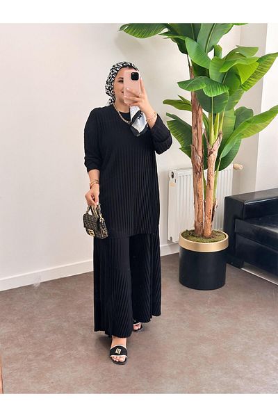 ASEL FASHİON Black Sandy Pleated Double Set