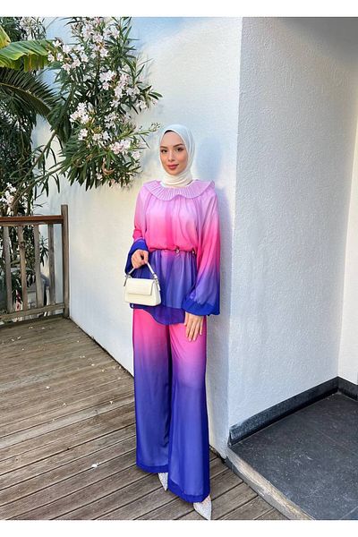 İnce Stil Chiffon Set - Collared Bottom and Top Set