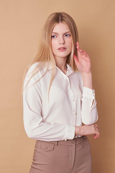 Jument Γυναικείο πουκάμισο με μακρυμάνικο γιακά χωρίς λύκρα ύφασμα-κρέμα