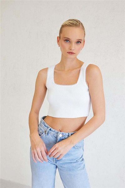Avrile White Knitwear Tank Top - Women'S, Lace Detailed