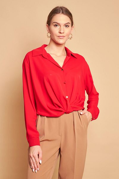 Jument Collared Front Pleated Long Sleeve Lycra-Free Stylish Fabric Shirt-Red