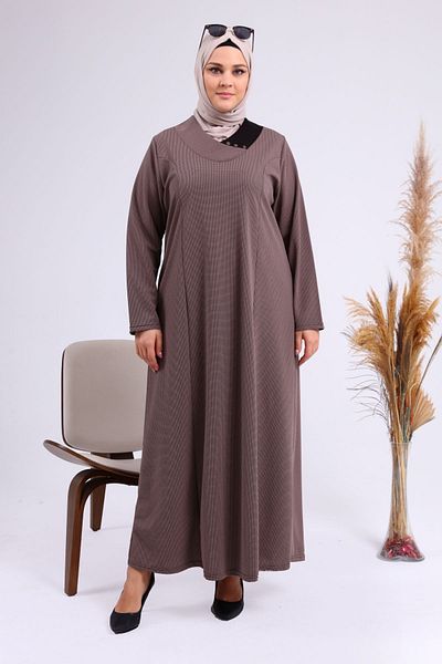 Ferace Γυναικείο Υπερμεγέθη Hijab Κυψελοειδή Ύφασμα Ζακάρ Μητρικό Φόρεμα Mink