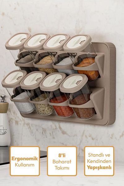 Hayveys طقم توابل مكون من 8 قطع مع حامل - غطاء كونترتوب، مثبت على الحائط لاصق
