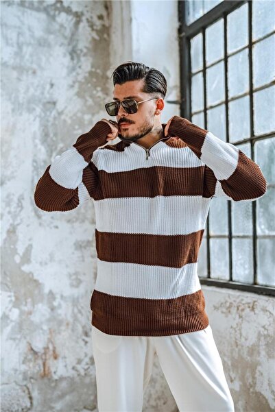 OUTFİT MAN Ανδρικό πλεκτό πουλόβερ δίχρωμο - με μισό φερμουάρ, καφέ
