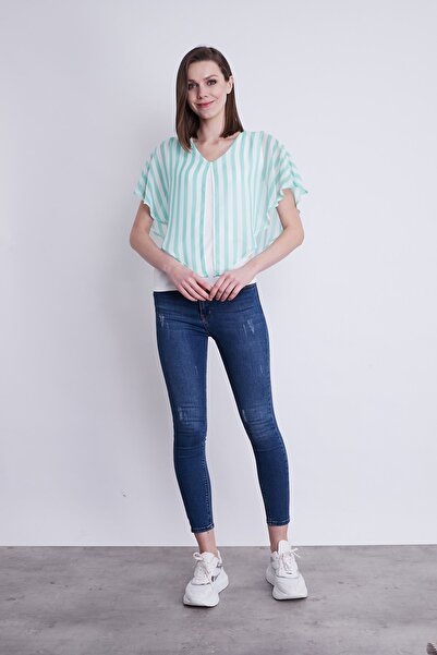 Jument Γυναικεία μπλούζα με λεπτομέρεια από σιφόν με λαιμόκοψη σε σχήμα V - Μίντ ρίγα