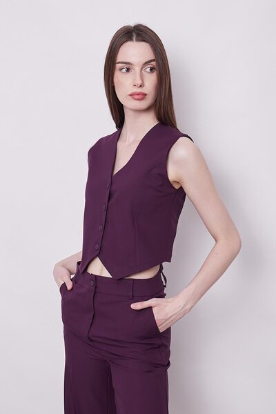 Jument V Yaka D Tokalı Hafif Likralı Kumaş Kısa Yelek(Pantolon Ayrıdır 40057)-Mor