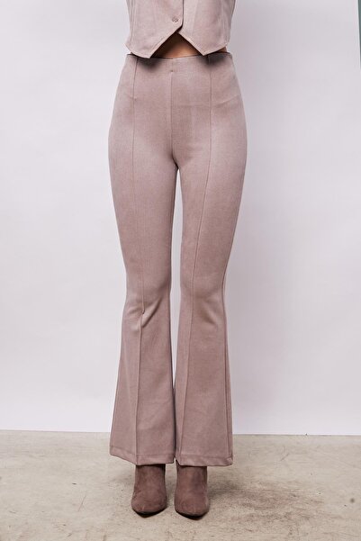 Jument High Waist Lycra Velvet Pants for Women - Front and Back Stitching, Spanish Leg, Beige