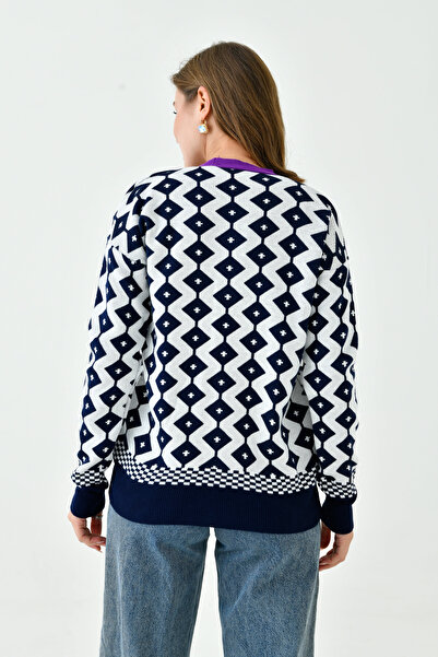 lovebox Women's Patterned Button Detailed Purple Striped V-Neck Knitwear Cardigan 0179