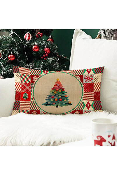 Evmila Yılbaşı Temalı Ağaç Desenli Kadife Kırlent Kılıfı 35x55 cm - Dekoratif Yastık Kılıfı