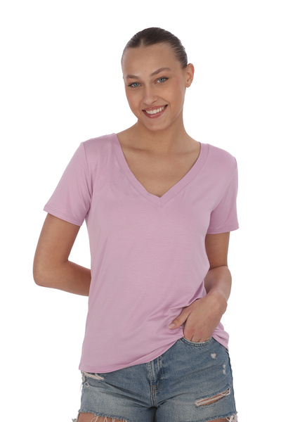 penyebizden Lavender Pink Viscose V-Neck T-Shirt