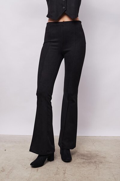 Jument High Waist Lycra Velvet Pants for Women - Front and Back Stitching, Spanish Leg, Black