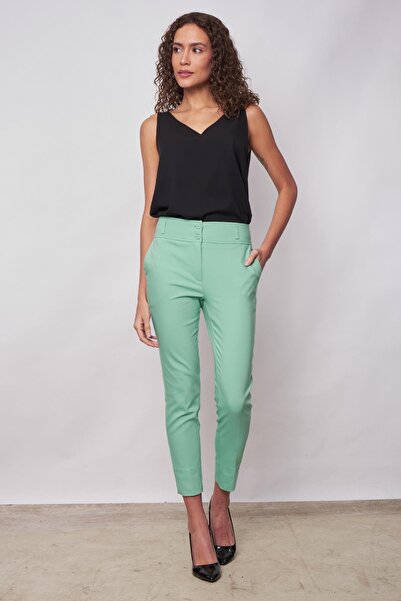 Jument High Waist Pocketed Leg Slit Ankle Length Lightweight Stretch Fabric Fabric Stylish Office Trousers-Mint