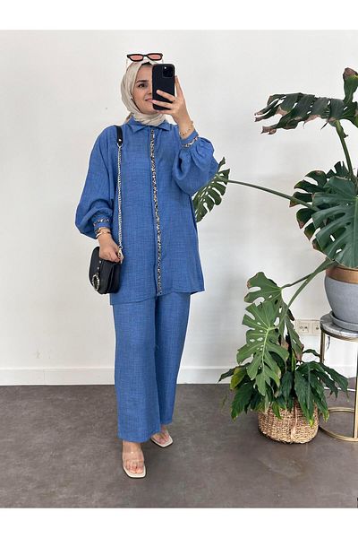 ASEL FASHİON Beaded Handle Linen Set Blue