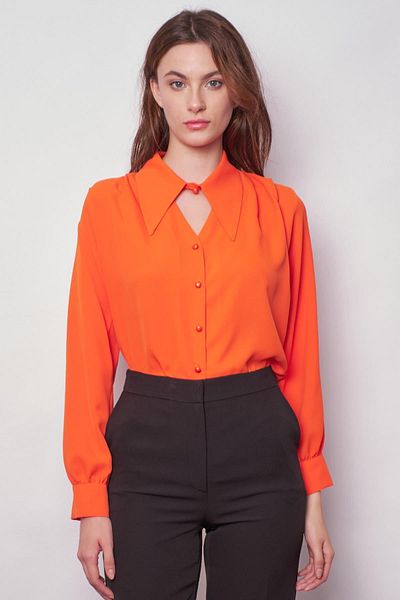 Jument Cămașă elegantă din țesătură cu mânecă lungă, fără lycra, cu decolteu în V în față și umeri plisați - portocaliu