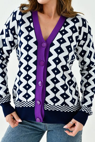 lovebox Women's Patterned Button Detailed Purple Striped V-Neck Knitwear Cardigan 0179