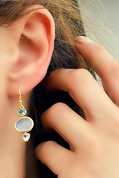 OSESHOP Aquamarin Ay Taşı ve Ametist Taşlı 925ayar Gümüş Üzerine Altın Kaplama Tasarım Doğal Taş Küpe