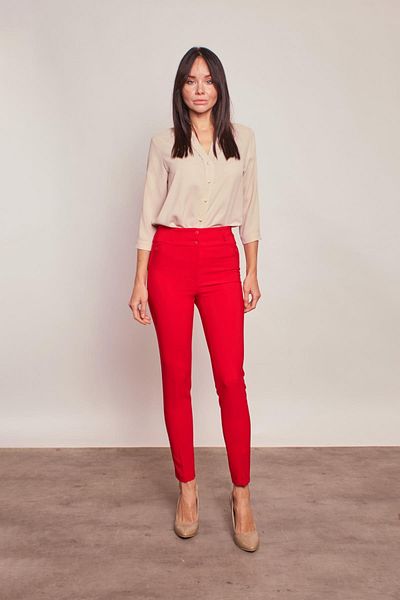 Jument Thick Belt, Ankle Length Lycra Fabric Trousers with Ornamental Pockets-red