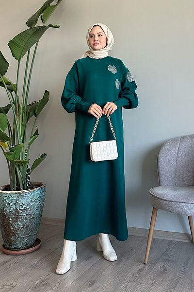 InStyle Φόρεμα με λουλούδια με μπαλόνι μανίκι βενζινοκίνητο πράσινο πλεκτό